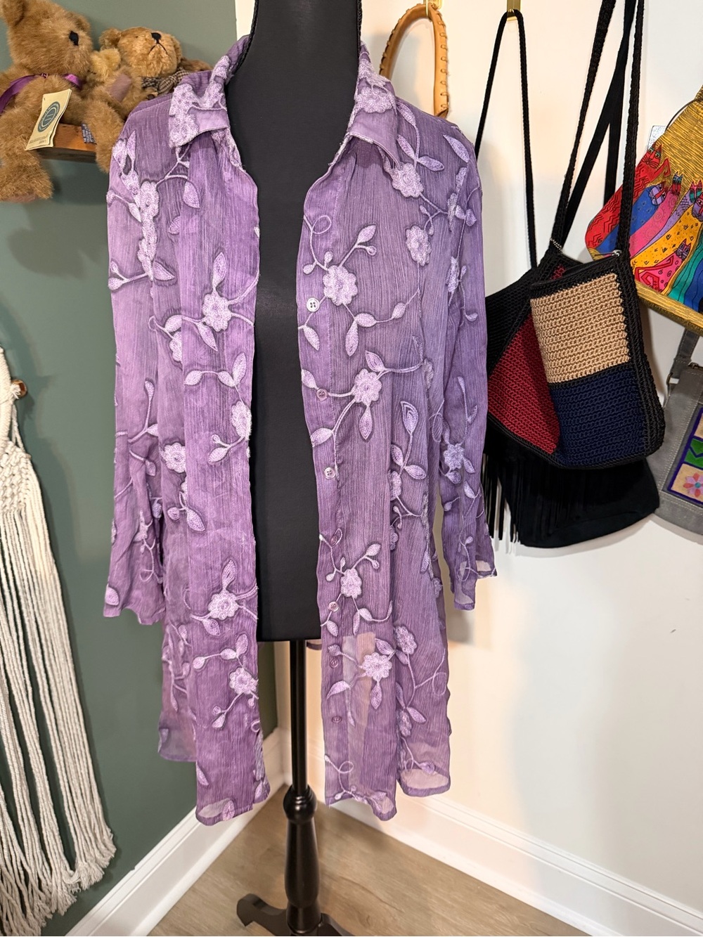 Cufio Purple Embroidered Sheer Floral Tunic Button Up Cottagecore Medium